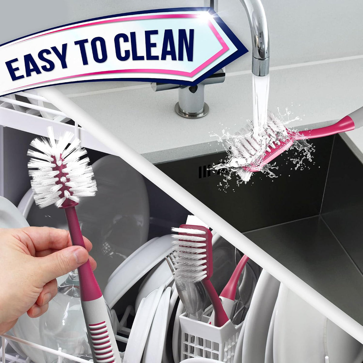 Dish brush set of 4 - kitchen scrub brushes with non-slip long handle for cleaning, scrubber, dishwashing, dishes, bottles, straws, cups, pots & sink, red - view 8