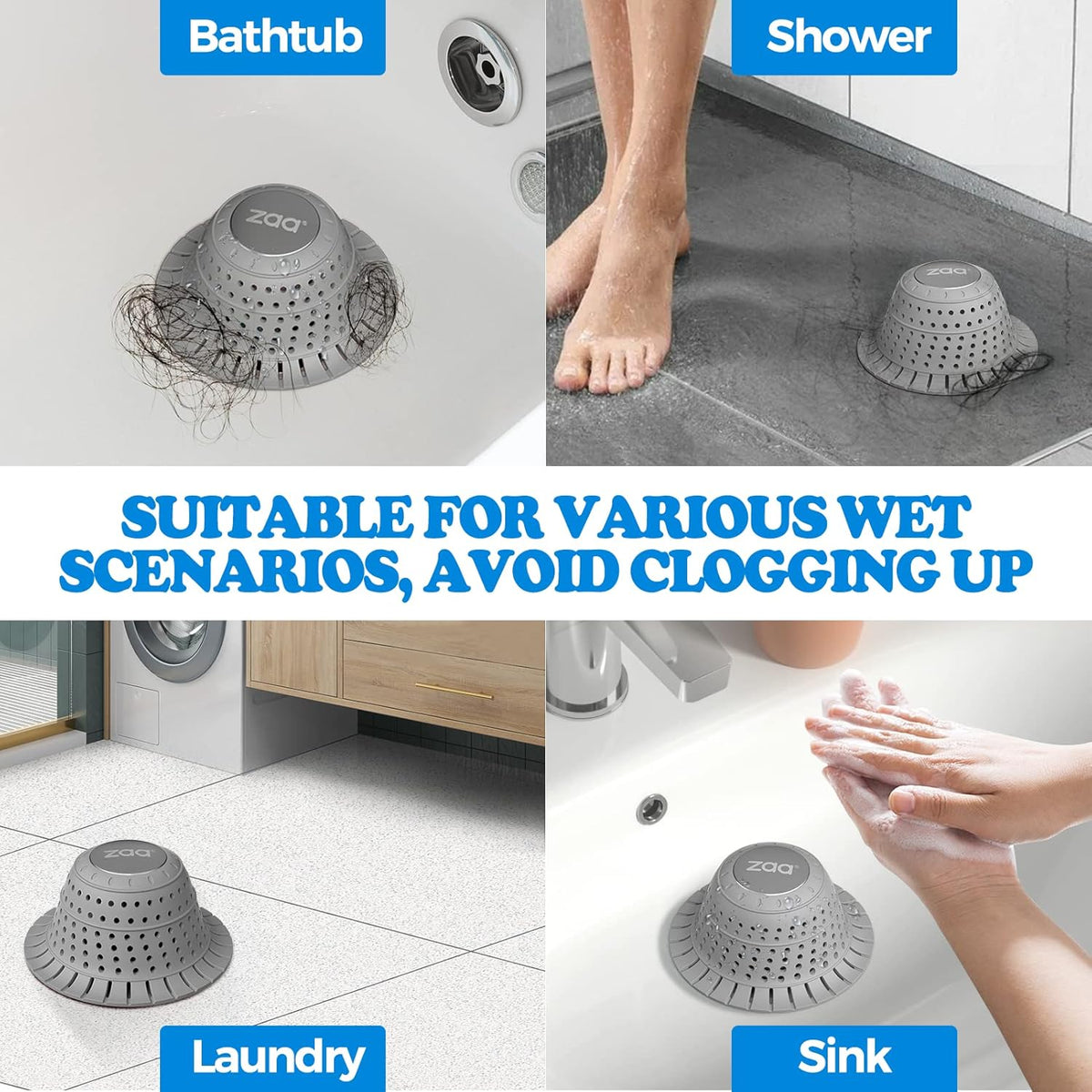 Bathtub drain hair catcher, premium silicone shower hair catcher, 1pack collapsible hair stopper for pop up and regular drains of shower, bathtub, bathroom sink, bathroom fixture accessories, gray - view 2
