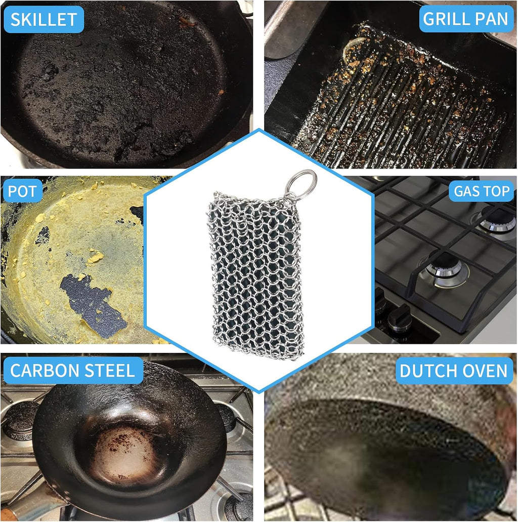 316L cast iron scrubber cleaner, large chainmail cast iron cleaner | honeycomb silicone insert, flexible, stainless steel chain mail metal sponge scrub skillets, oven, flat top, grill pan pot brush - view 7