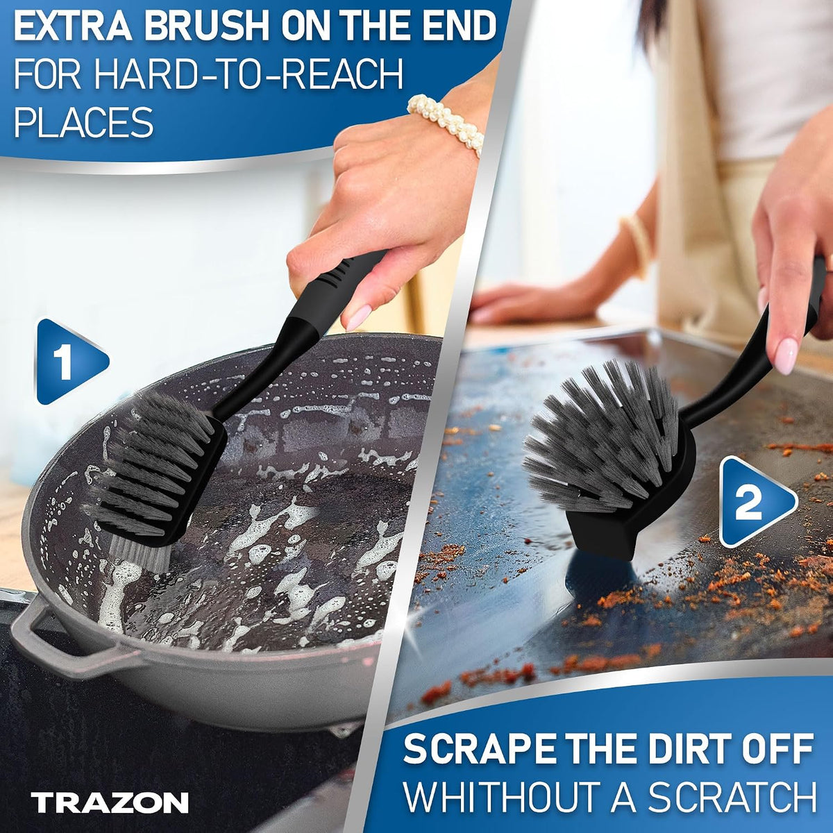 Dish brush set of 5 with holder - kitchen scrub brushes with non-slip long handle for cleaning, scrubber, dishwashing, dishes, bottles, straws, cups, pots & sink, black - view 3