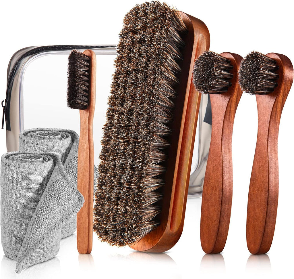 4 Pcs Horsehair Shine Shoes Brush Kit Polish Dauber Applicators Cleaning Leather Shoes Boots Care Brushes Suede Cleaner Brush with Microfiber Shoe Cloth(4 Pcs Style A) - view 3