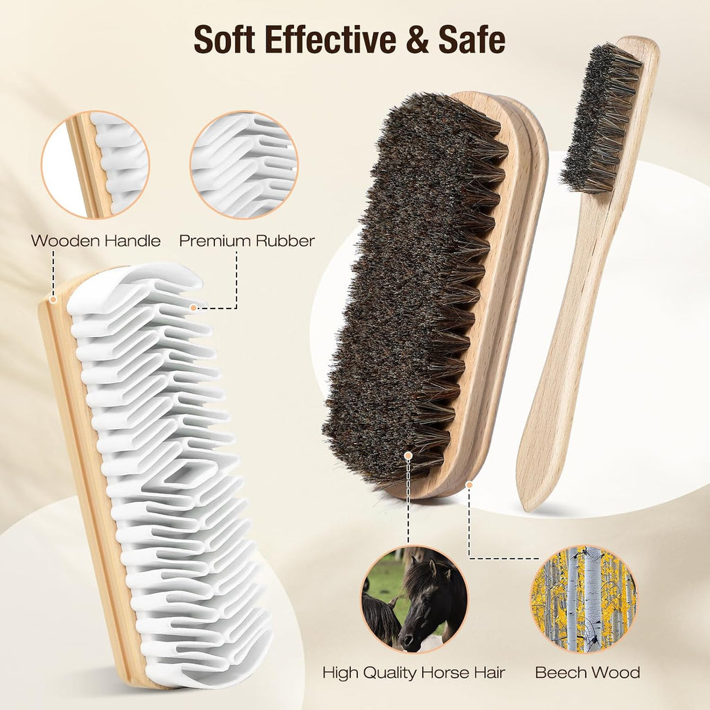 3Pcs Shoe Shine Kit, 2Pcs Horsehair Shoe Brush and a Suede Eraser | Horse Hair Brush for Leather, Suede Brush for Shoes, Shoe Care Set Cleans and Polishes Leather, Suede and Boots - view 2