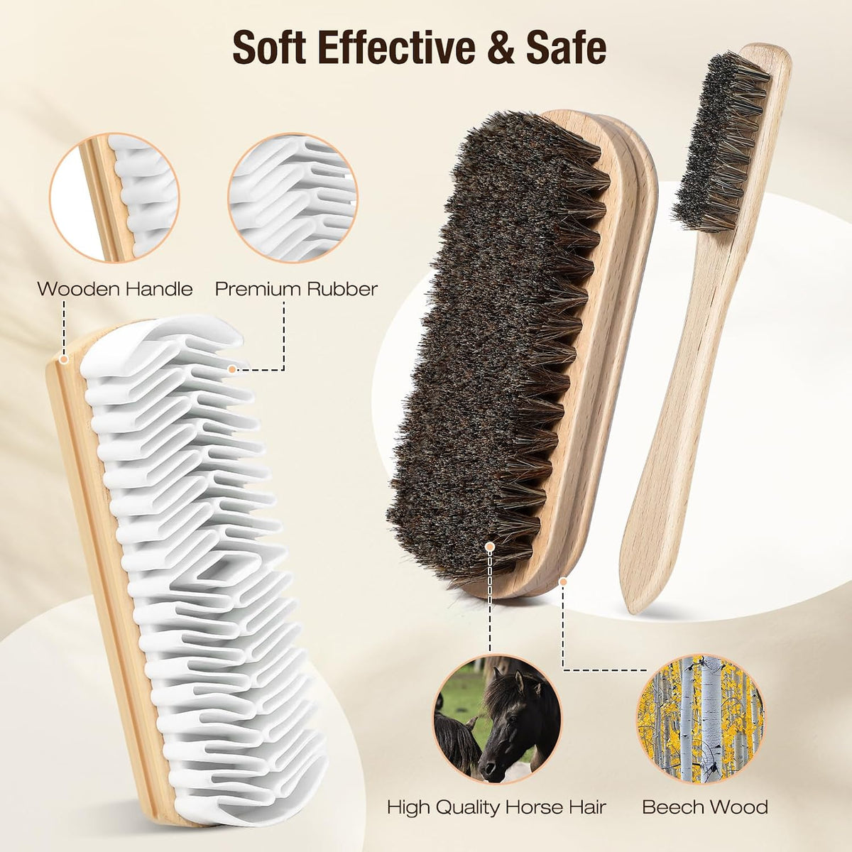 3Pcs Shoe Shine Kit, 2Pcs Horsehair Shoe Brush and a Suede Eraser | Horse Hair Brush for Leather, Suede Brush for Shoes, Shoe Care Set Cleans and Polishes Leather, Suede and Boots - view 2