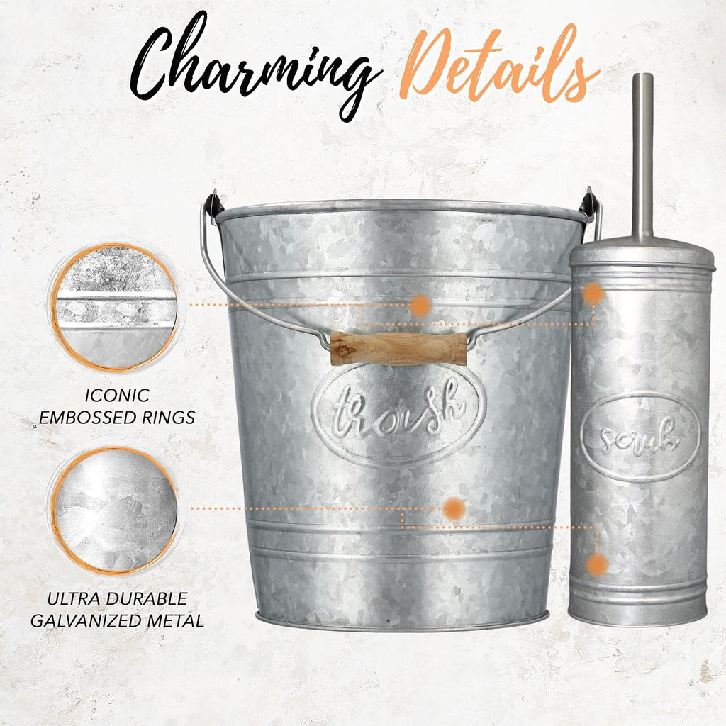 Farmhouse Bathroom Trash Can and Toilet Brush Set, 2 Gallon | Galvanized grey, 2 gallon waste basket, matching toilet bowl brush holder, wood handle, rustic farmhouse guest bath - view 3