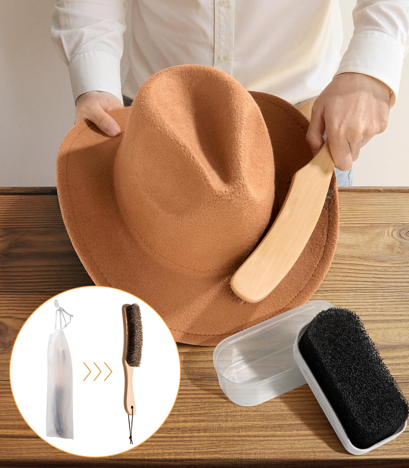 Cowboy Hat Brush Kit with Sponge Cleaning for Felt, Clothes, Shoes, 2 Pack | 100% horsehair, Lint brush Removes Dust, Pet Hair for Suede, Hats, Wool Coats, Suits, Furniture with Wood Handle Storage Bag - view 3