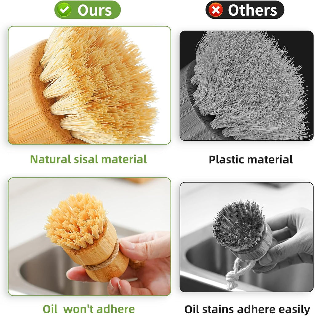 Bamboo dish scrub brushes, kitchen wooden cleaning scrubbers set for washing cast iron pan/pot, natural sisal bristles, set of 3 - view 3