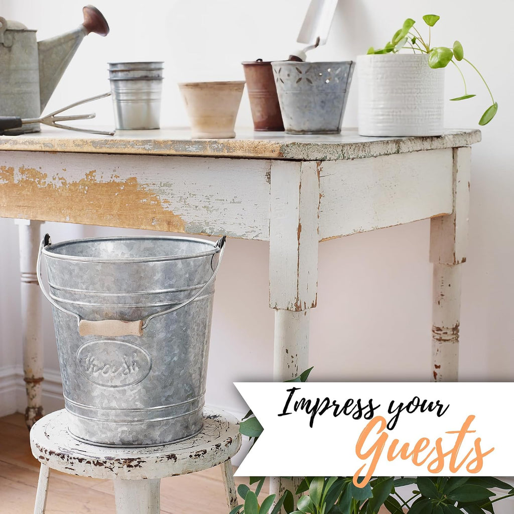 Farmhouse Bathroom Trash Can and Toilet Brush Set, 2 Gallon | Galvanized grey, 2 gallon waste basket, matching toilet bowl brush holder, wood handle, rustic farmhouse guest bath - view 2