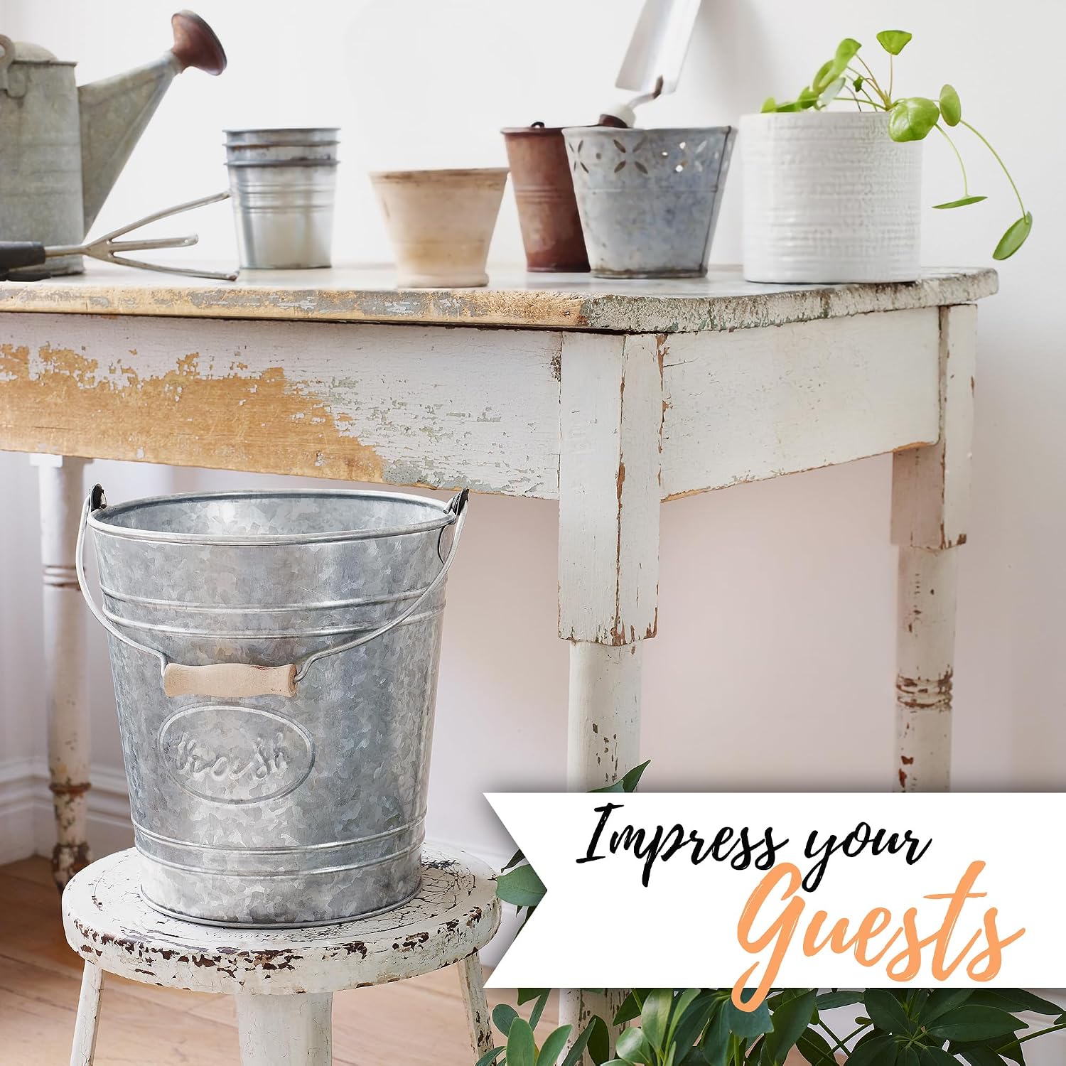 Farmhouse Bathroom Trash Can and Toilet Brush Set, 2 Gallon | Galvanized grey, 2 gallon waste basket, matching toilet bowl brush holder, wood handle, rustic farmhouse guest bath - view 2