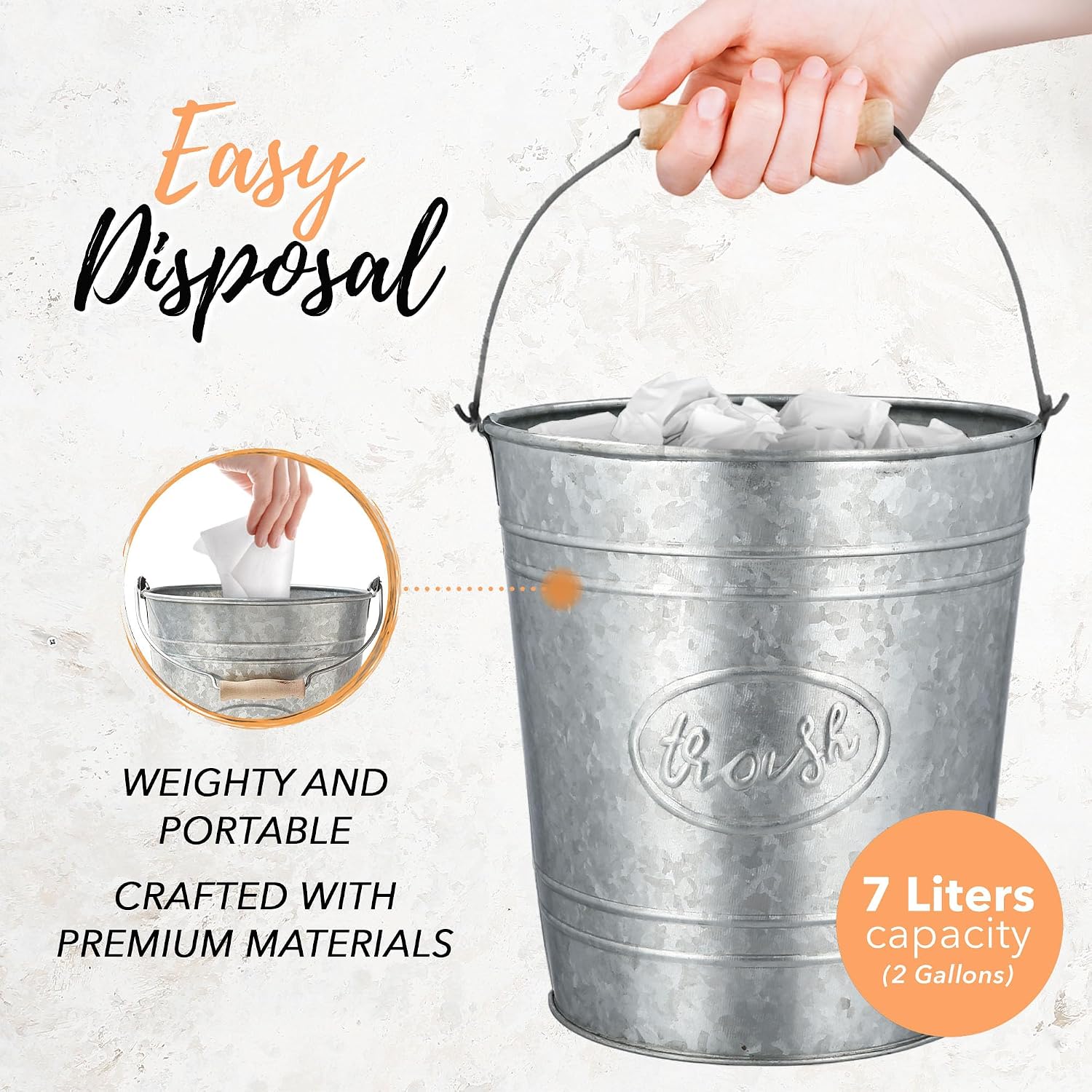 Farmhouse Bathroom Trash Can and Toilet Brush Set, 2 Gallon | Galvanized grey, 2 gallon waste basket, matching toilet bowl brush holder, wood handle, rustic farmhouse guest bath - view 7