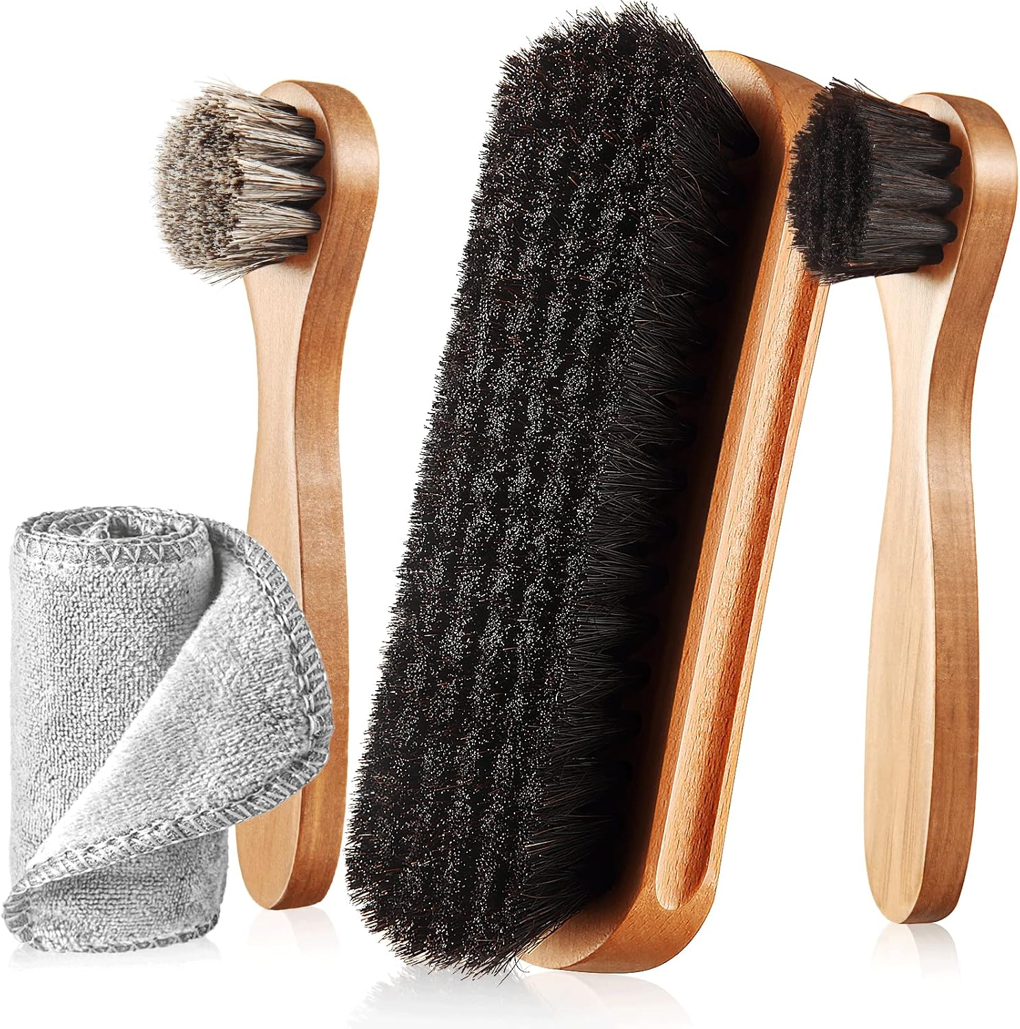 4 Pcs Horsehair Shine Shoes Brush Kit Polish Dauber Applicators Cleaning Leather Shoes Boots Care Brushes Suede Cleaner Brush with Microfiber Shoe Cloth(4 Pcs Style A) - view 2