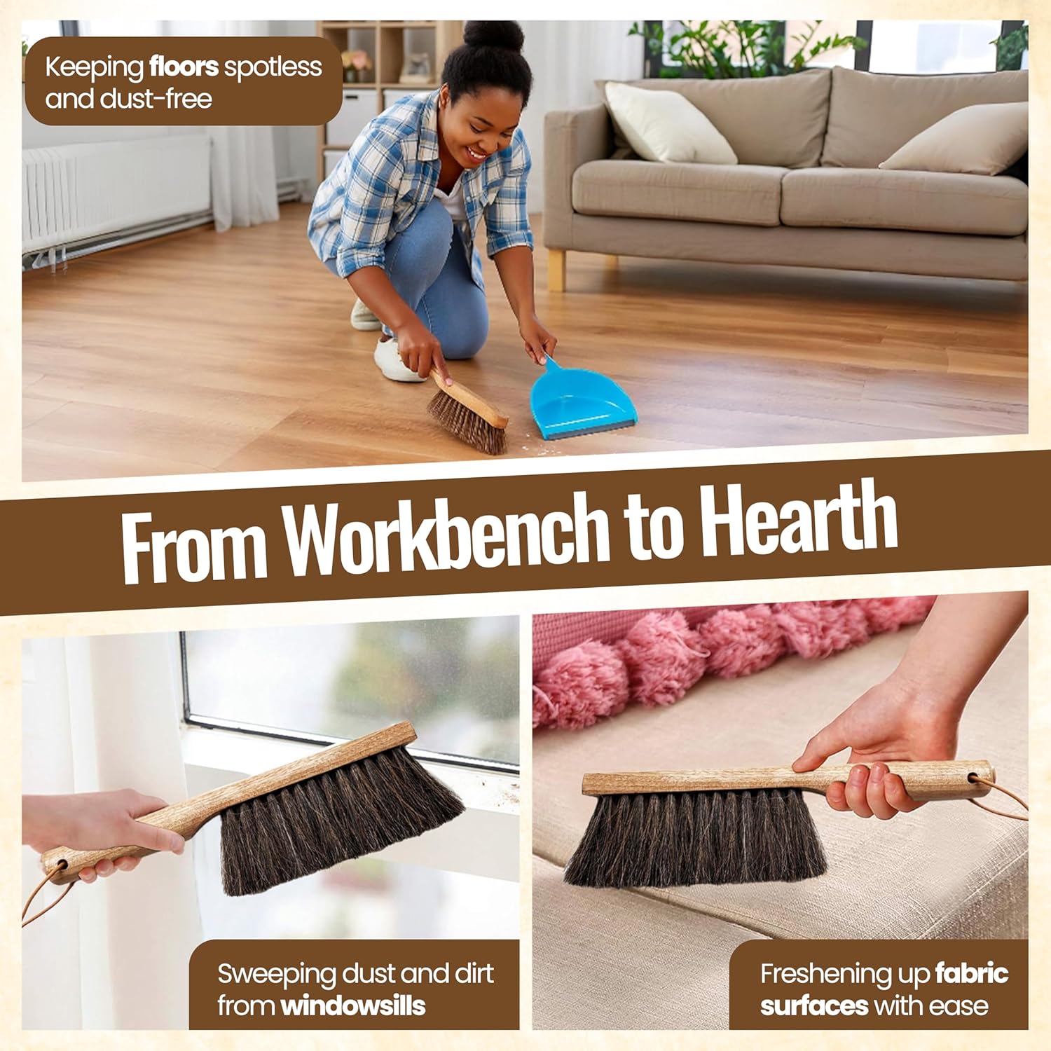 Dustpan bench woodworking brush, USA 13 inch horsehair brushes are used for counter, furniture, drafting, patio, fireplace cleaning, shop brush, leather tie, woodworking tool & accessories - view 5