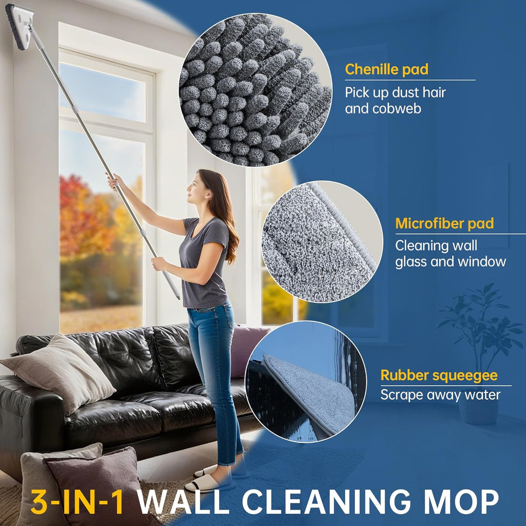 Wall Cleaner Mop with Long Handle, Dust Mop with 6 Reusable Pads | 3-in-1 Wall Duster with Extension pole, 58in Long Handle for Wall/Ceiling/Baseboard/Floors - view 2