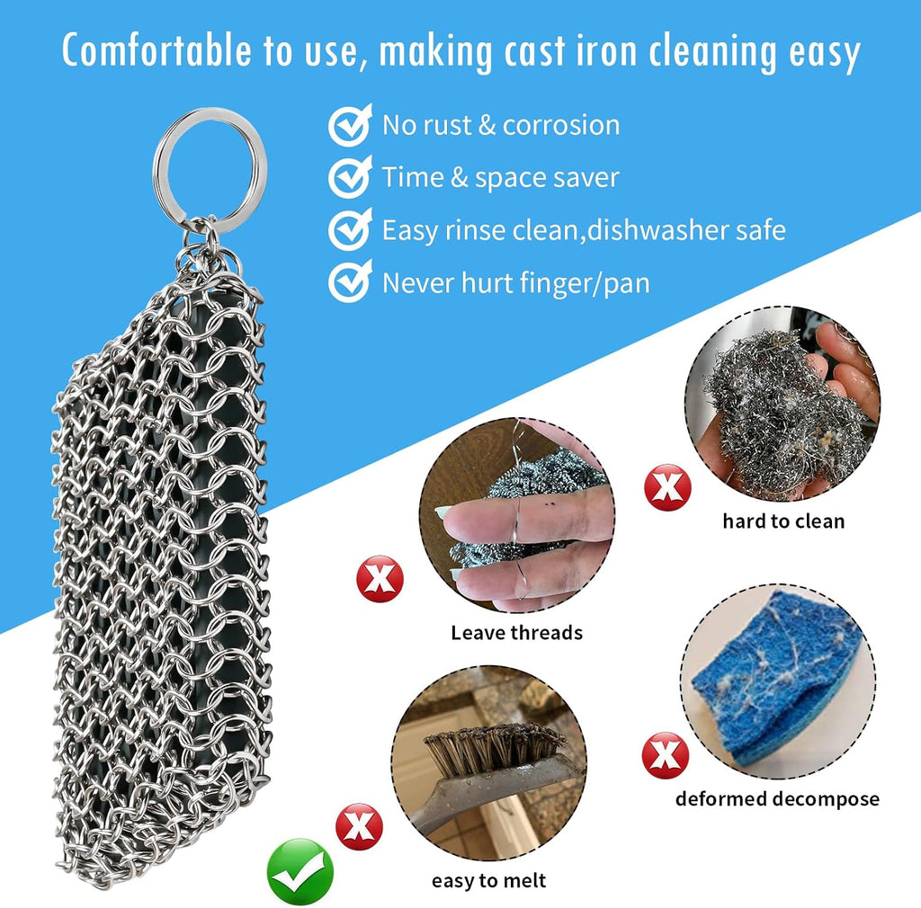 316L cast iron scrubber cleaner, large chainmail cast iron cleaner | honeycomb silicone insert, flexible, stainless steel chain mail metal sponge scrub skillets, oven, flat top, grill pan pot brush - view 6