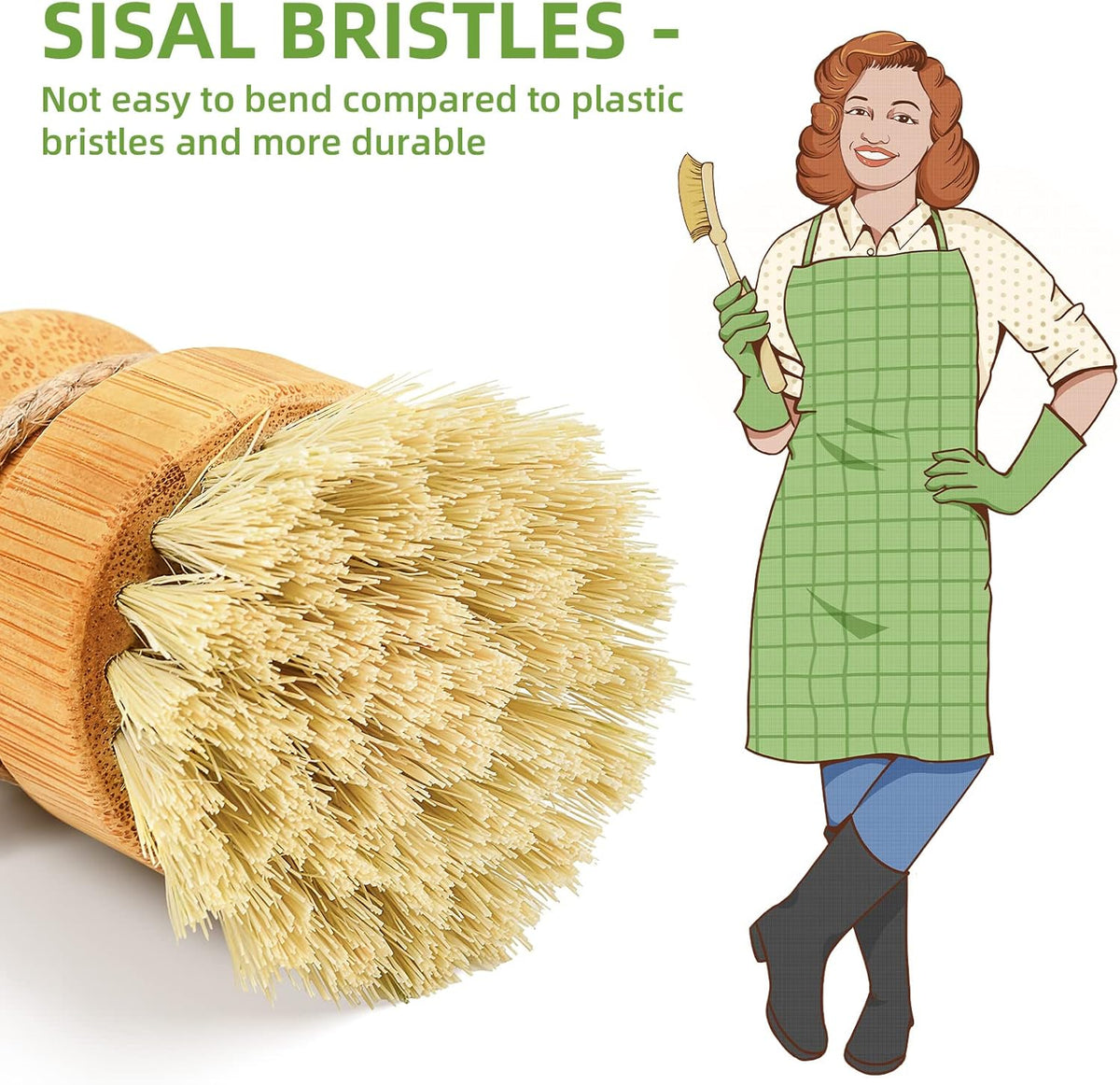 Bamboo dish scrub brushes, kitchen wooden cleaning scrubbers set for washing cast iron pan/pot, natural sisal bristles, set of 3 - view 2