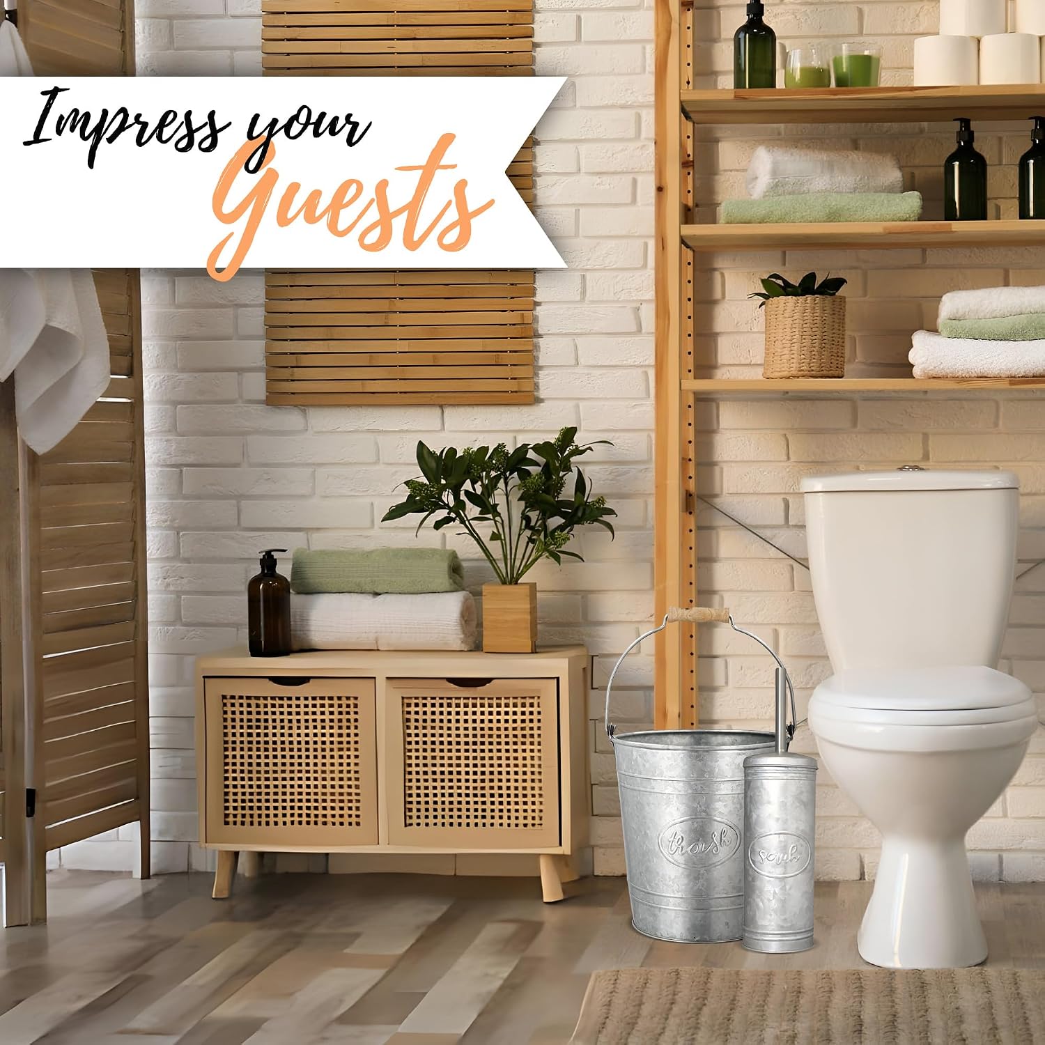 Farmhouse Bathroom Trash Can and Toilet Brush Set, 2 Gallon | Galvanized grey, 2 gallon waste basket, matching toilet bowl brush holder, wood handle, rustic farmhouse guest bath - view 6