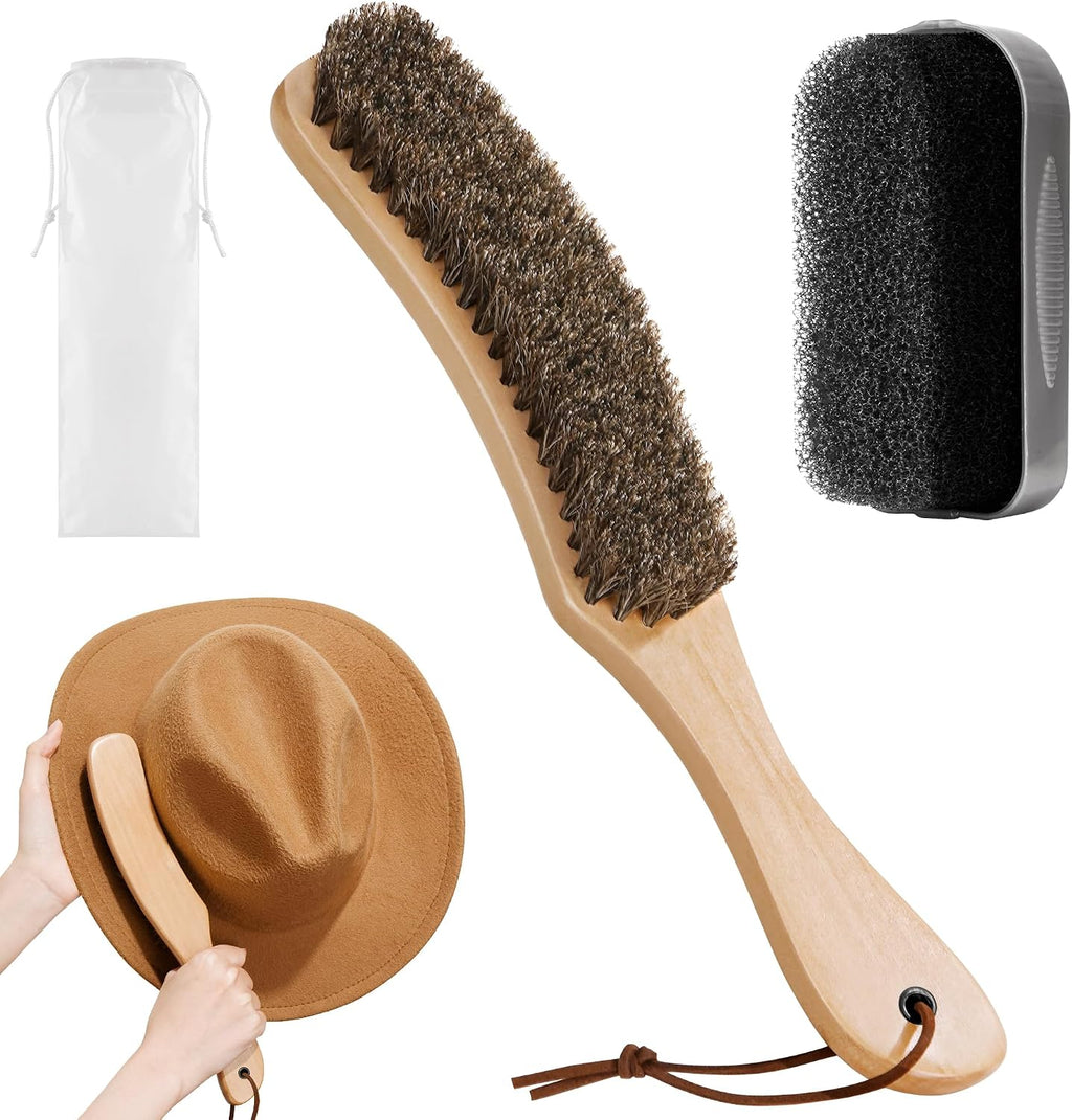Cowboy Hat Brush Kit with Sponge Cleaning for Felt, Clothes, Shoes, 2 Pack | 100% horsehair, Lint brush Removes Dust, Pet Hair for Suede, Hats, Wool Coats, Suits, Furniture with Wood Handle Storage Bag