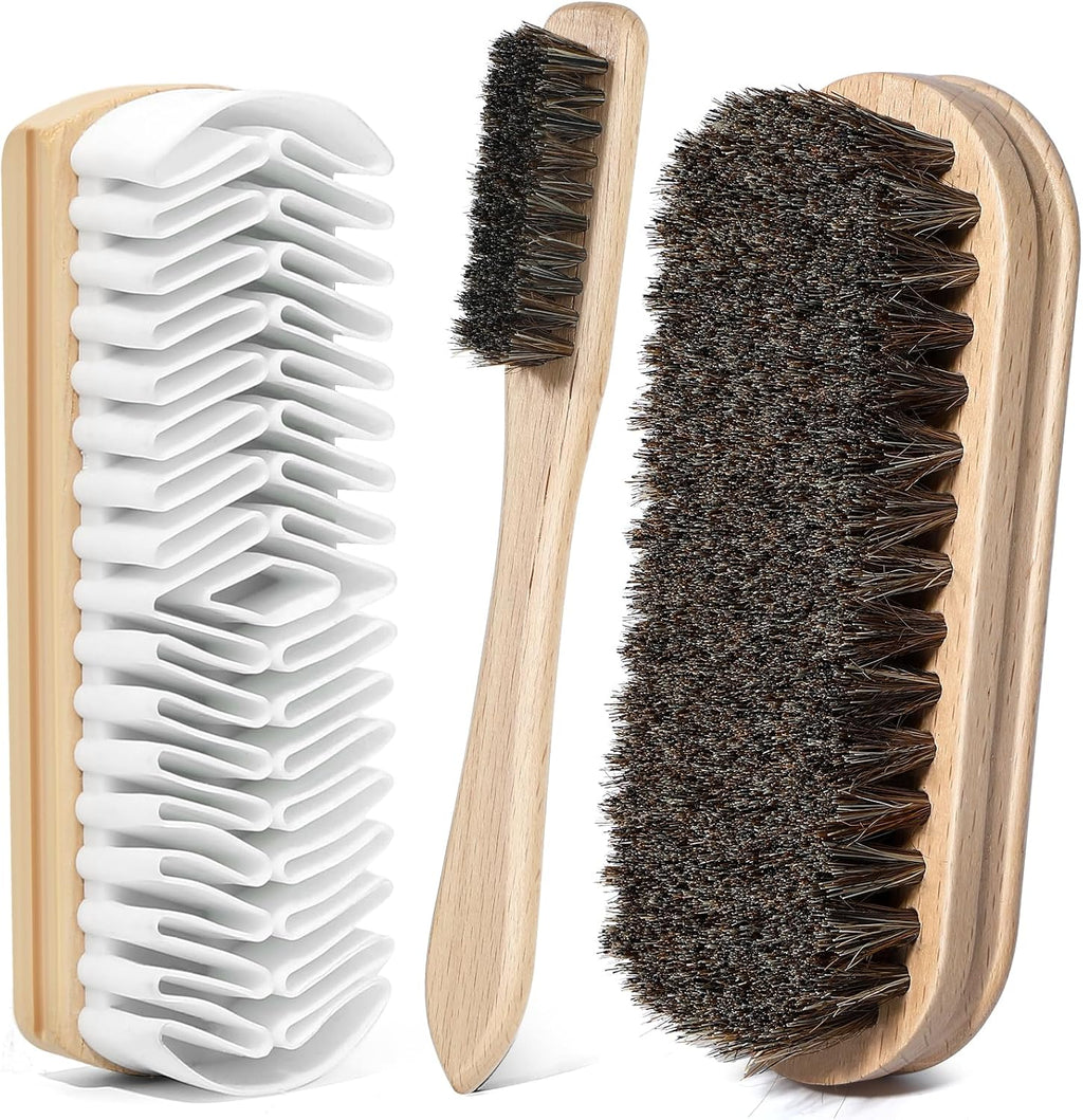 3Pcs Shoe Shine Kit, 2Pcs Horsehair Shoe Brush and a Suede Eraser | Horse Hair Brush for Leather, Suede Brush for Shoes, Shoe Care Set Cleans and Polishes Leather, Suede and Boots