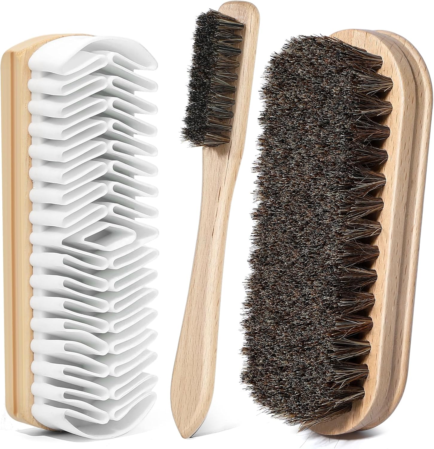 3Pcs Shoe Shine Kit, 2Pcs Horsehair Shoe Brush and a Suede Eraser | Horse Hair Brush for Leather, Suede Brush for Shoes, Shoe Care Set Cleans and Polishes Leather, Suede and Boots