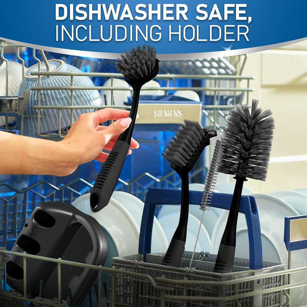 Dish brush set of 5 with holder - kitchen scrub brushes with non-slip long handle for cleaning, scrubber, dishwashing, dishes, bottles, straws, cups, pots & sink, black - view 7