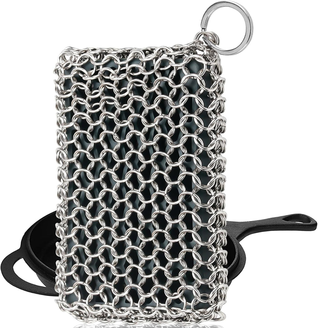 316L cast iron scrubber cleaner, large chainmail cast iron cleaner | honeycomb silicone insert, flexible, stainless steel chain mail metal sponge scrub skillets, oven, flat top, grill pan pot brush