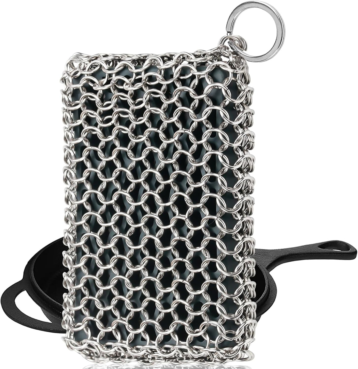 316L cast iron scrubber cleaner, large chainmail cast iron cleaner | honeycomb silicone insert, flexible, stainless steel chain mail metal sponge scrub skillets, oven, flat top, grill pan pot brush