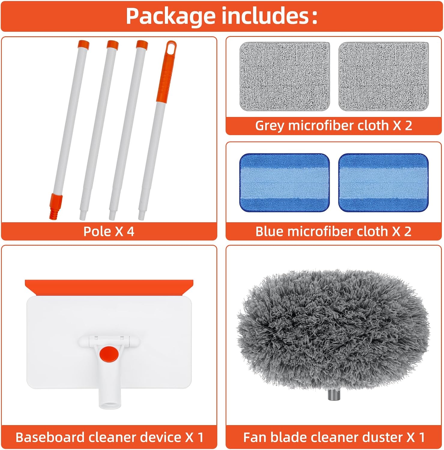 Baseboard Cleaner Tool with Handle, Extendable Long Handle Baseboard Cleaning Duster with Reusable Pads for Floorboard, Ceiling Fan Blade Cleaner Duster (Gray) - view 6