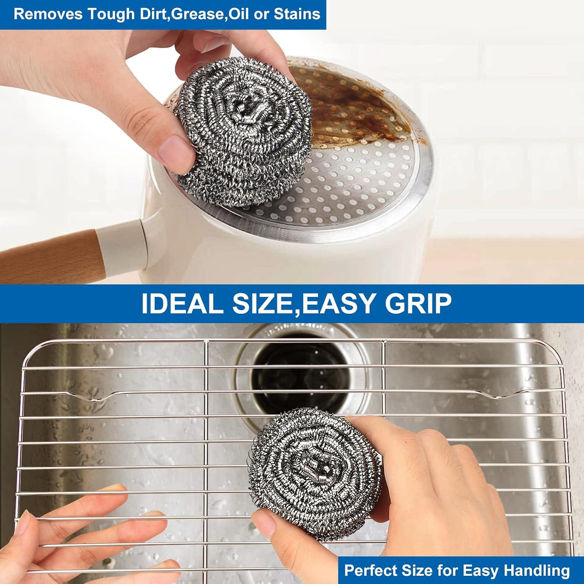 10 pack stainless steel scrubber, steel wool scrubber for scouring stubborn messes from pots and pans, stoves, broiler racks, grills and more - view 5