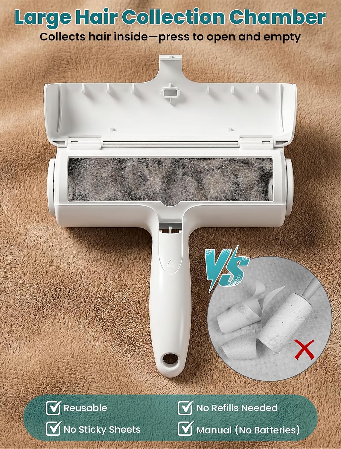 Pet hair remover roller, reusable lint roller for dog and cat hair, portable pet hair roller with large fur bin, fast cleaning for couches, bedding, rugs, car seats and furniture, no batteries - view 7