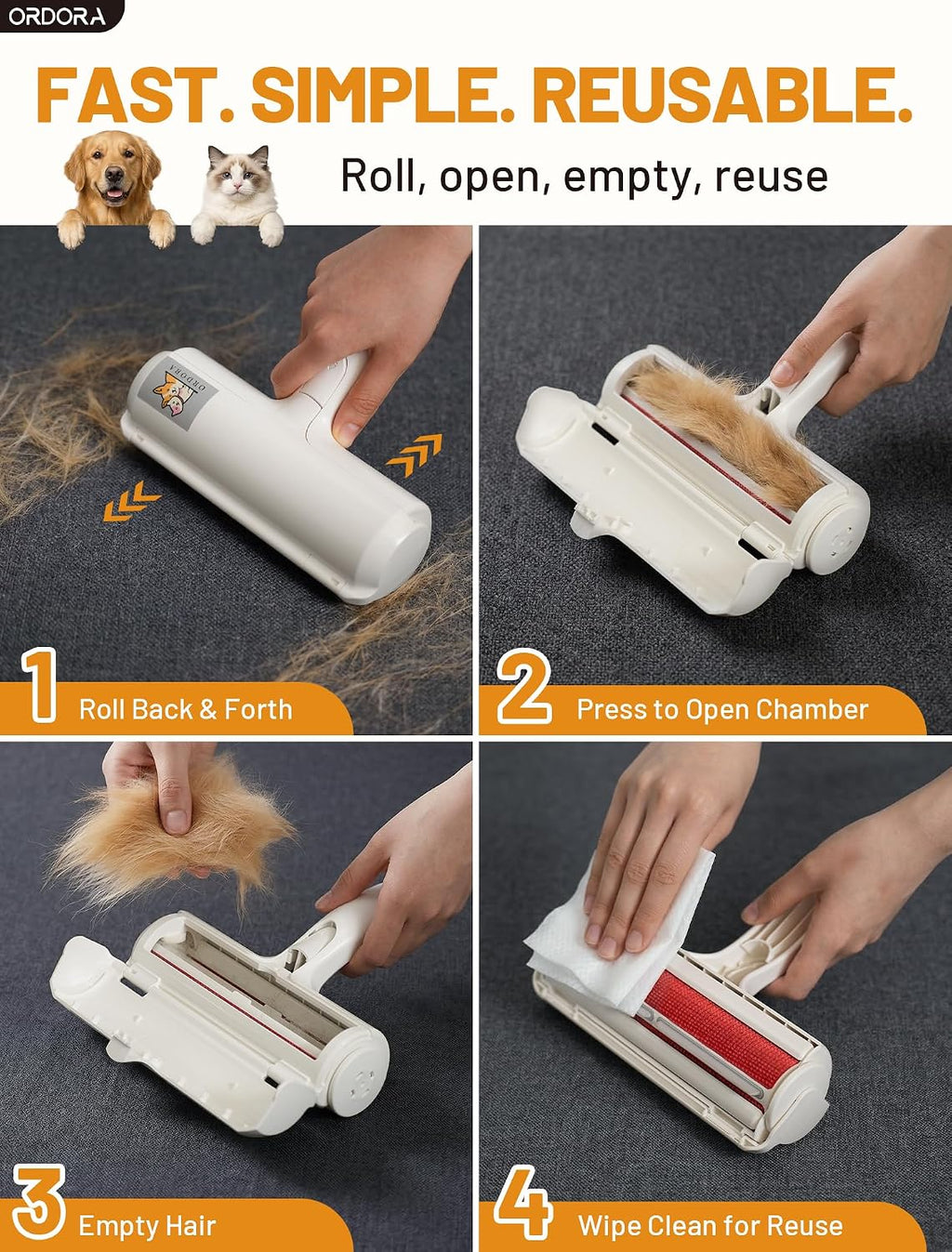 Pet hair remover roller, reusable lint roller for dog and cat hair, portable pet hair roller with large fur bin for couches, bedding, car, rugs & furniture, no refills or batteries, pet homes - view 7