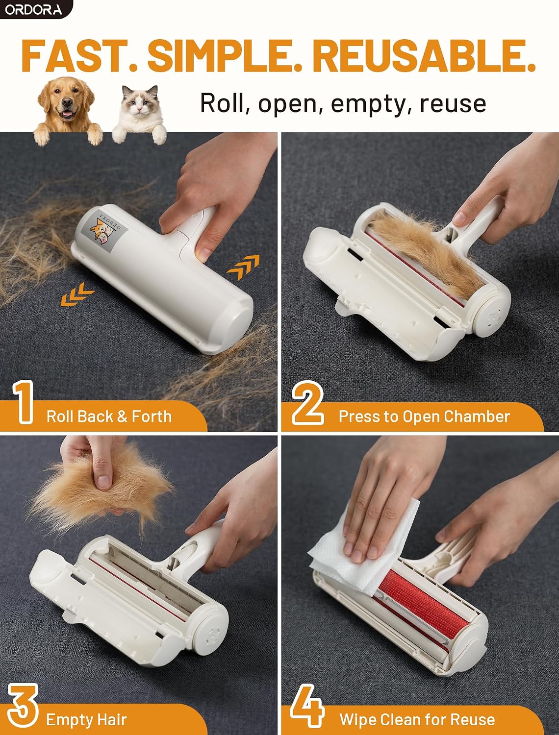 Pet hair remover roller, reusable lint roller for dog and cat hair, portable pet hair roller with large fur bin for couches, bedding, car, rugs & furniture, no refills or batteries, pet homes - view 7