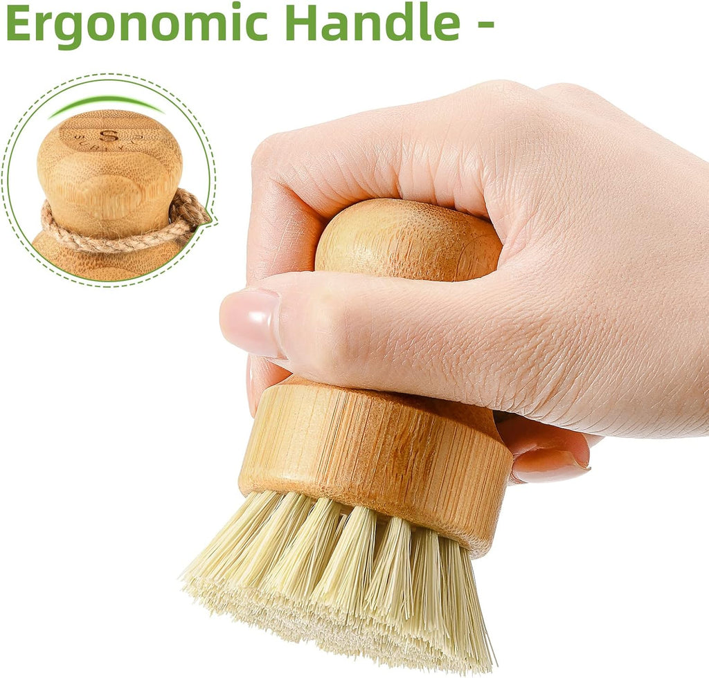 Bamboo dish scrub brushes, kitchen wooden cleaning scrubbers set for washing cast iron pan/pot, natural sisal bristles, set of 3 - view 5