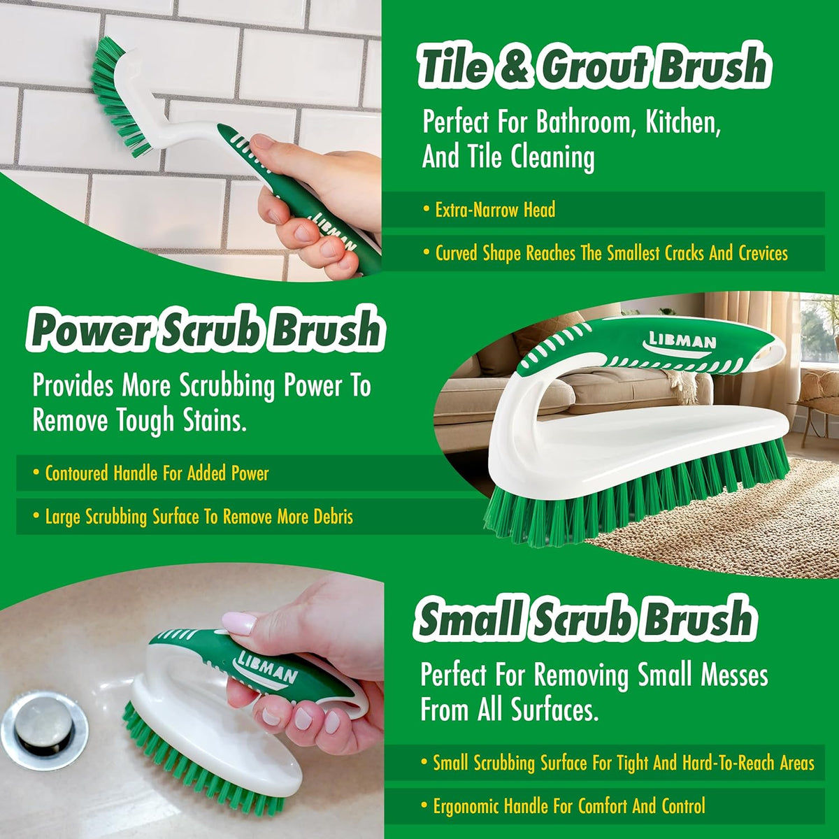 Scrub brush kit, cleaning brush, tile & grout brush, small scrub brush, power scrub brush, carpet brush, bathroom scrubber, boot scrubber, 3 different brushes included - view 3