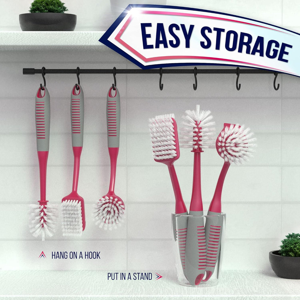 Dish brush set of 4 - kitchen scrub brushes with non-slip long handle for cleaning, scrubber, dishwashing, dishes, bottles, straws, cups, pots & sink, red - view 7