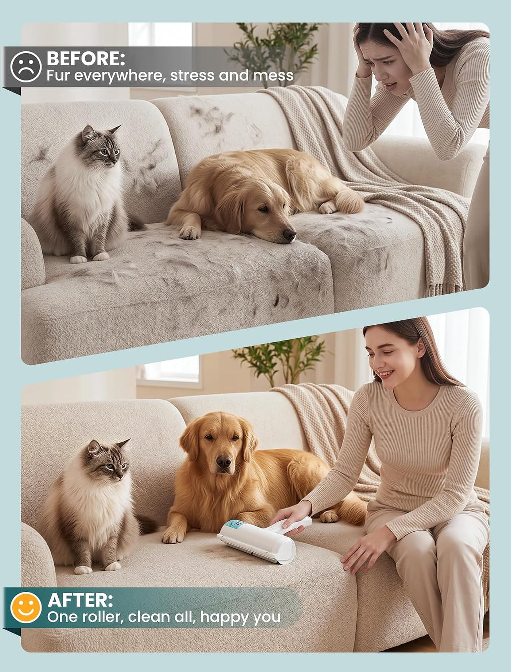 Pet hair remover roller, reusable lint roller for dog and cat hair, portable pet hair roller with large fur bin, fast cleaning for couches, bedding, rugs, car seats and furniture, no batteries - view 3