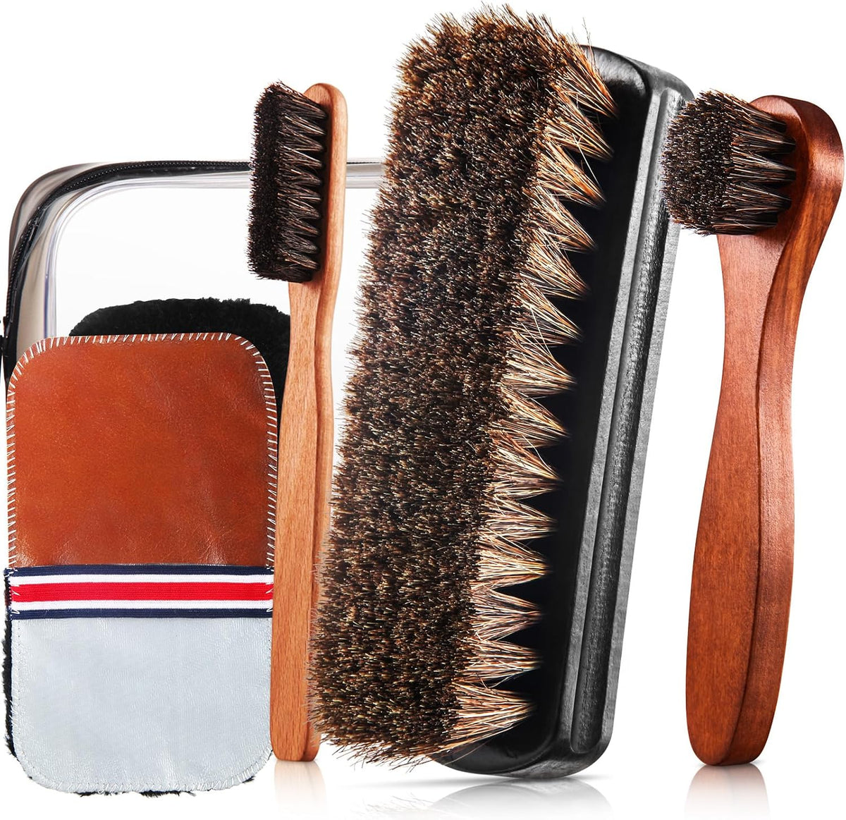 4 Pcs Horsehair Shine Shoes Brush Kit Polish Dauber Applicators Cleaning Leather Shoes Boots Care Brushes Suede Cleaner Brush with Microfiber Shoe Cloth(4 Pcs Style A) - view 7