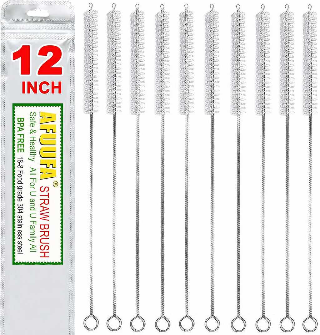 Straw cleaner brush extra long 12 inch, extra wide 12mm diam for 40/30/20 oz mug, nylon bristles and stainless steel handle straw brush (10 pcs)