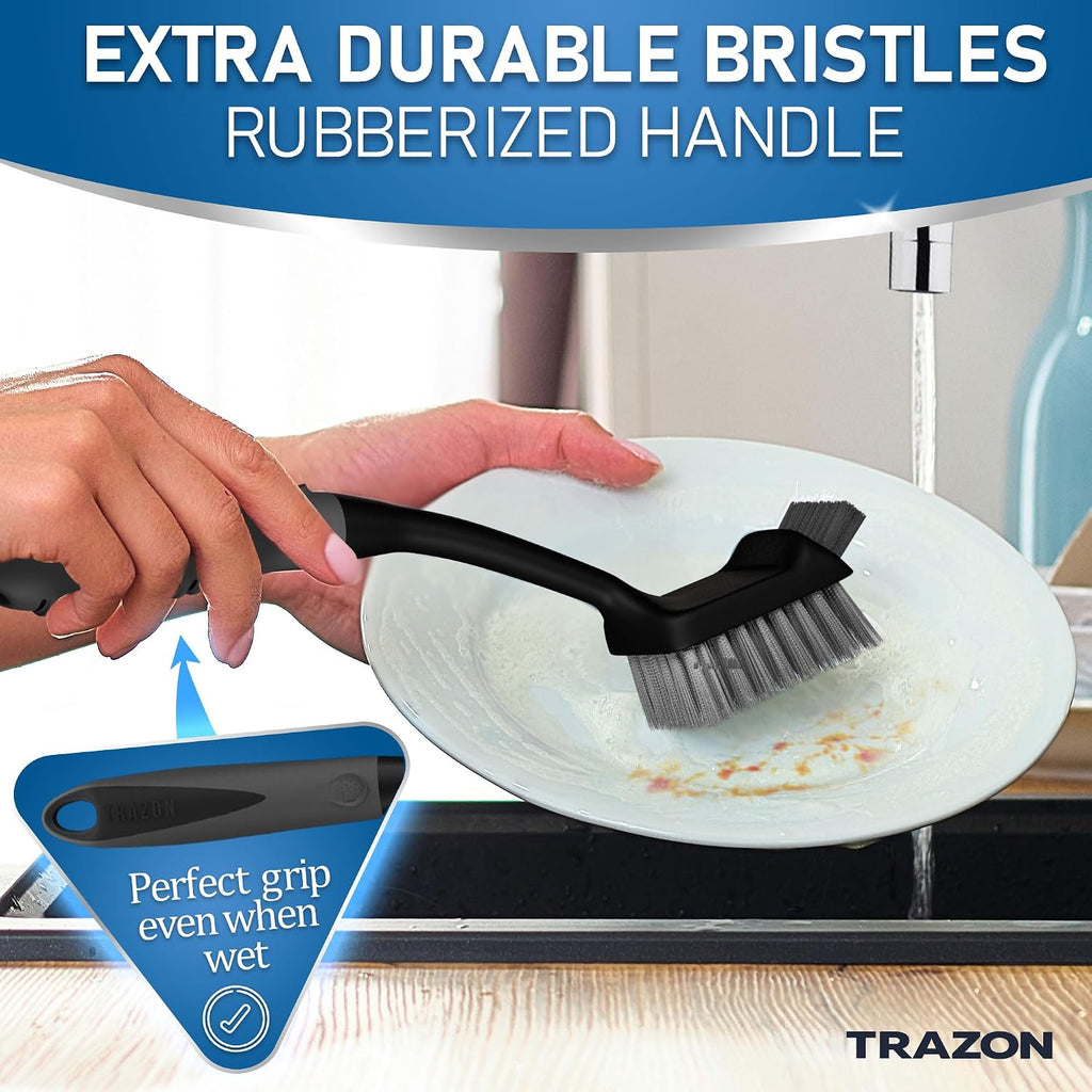 Dish brush set of 5 with holder - kitchen scrub brushes with non-slip long handle for cleaning, scrubber, dishwashing, dishes, bottles, straws, cups, pots & sink, black - view 6