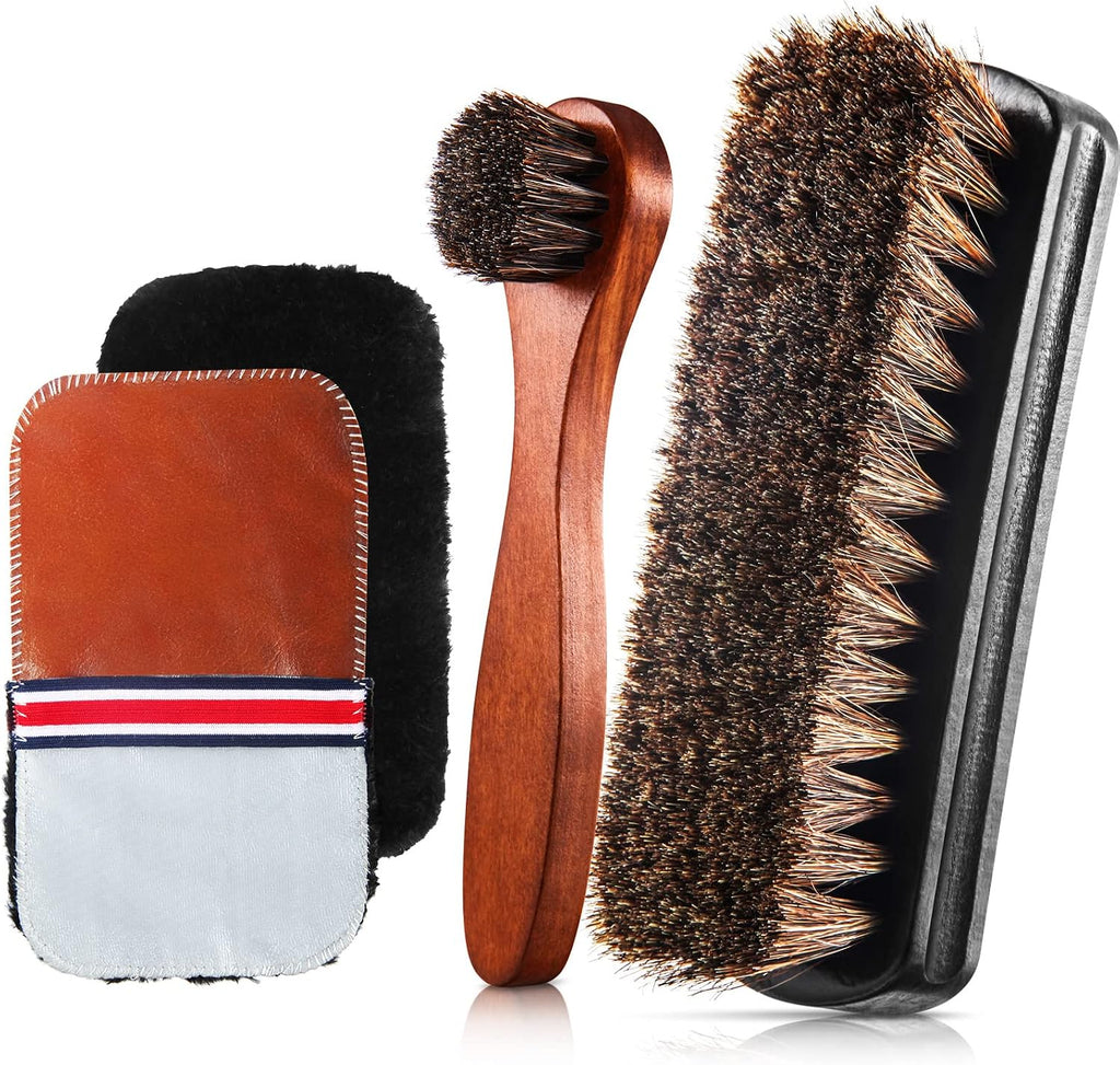 4 Pcs Horsehair Shine Shoes Brush Kit Polish Dauber Applicators Cleaning Leather Shoes Boots Care Brushes Suede Cleaner Brush with Microfiber Shoe Cloth(4 Pcs Style A) - view 4