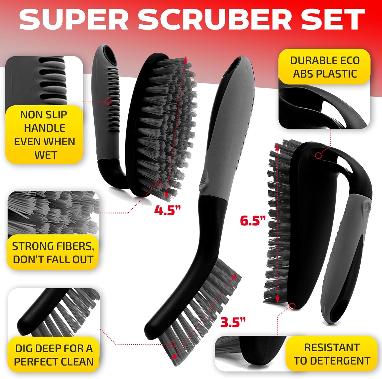 Scrub brush set of 3 pcs - cleaning shower scrubber with ergonomic handle and durable bristles - grout cleaner brush - scrub brushes for cleaning bathroom/shower/tile/kitchen/floor/bathtub/carpet - view 2
