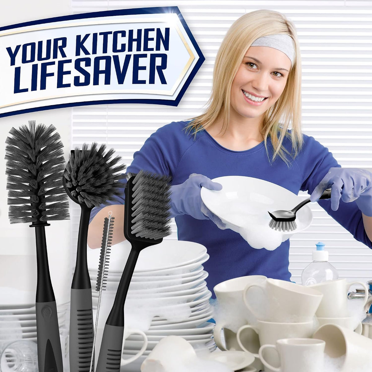 Dish brush set of 4 - kitchen scrub brushes with non-slip long handle for cleaning, scrubber, dishwashing, dishes, bottles, straws, cups, pots & sink, black - view 7