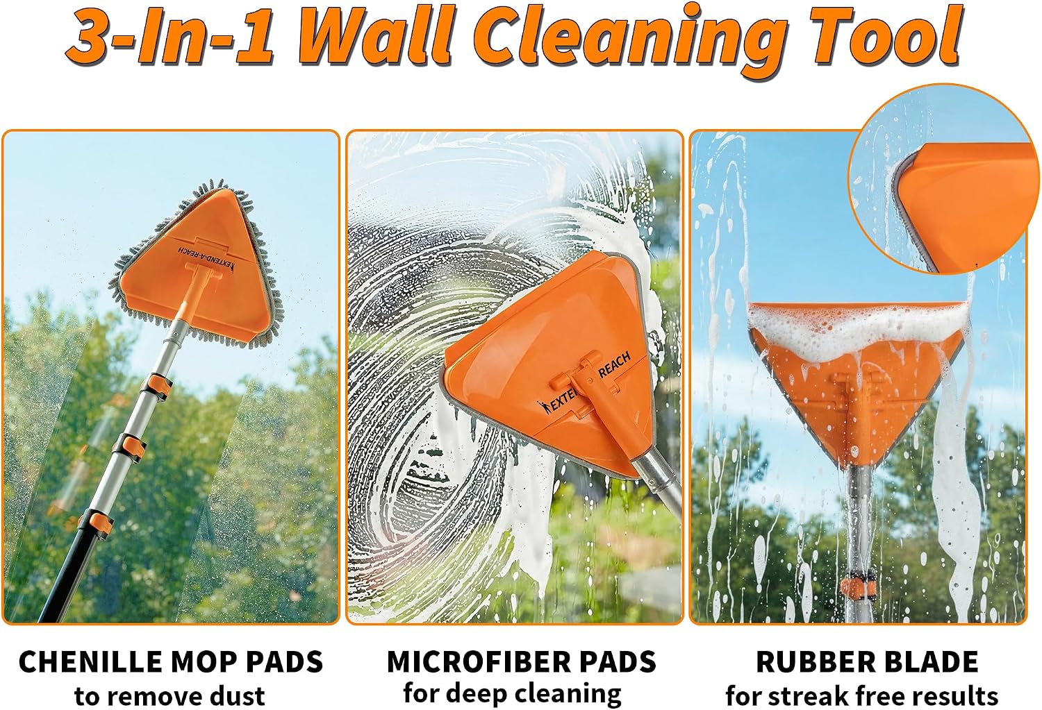 4-12 ft Wall Cleaner Tool with Extension Pole for Baseboards and Walls | 3-in-1 Wall Washer Mop for Painted Walls, Windows and High Ceilings // Long Handle Cleaning Mop with 4 Replacement Pads - view 6