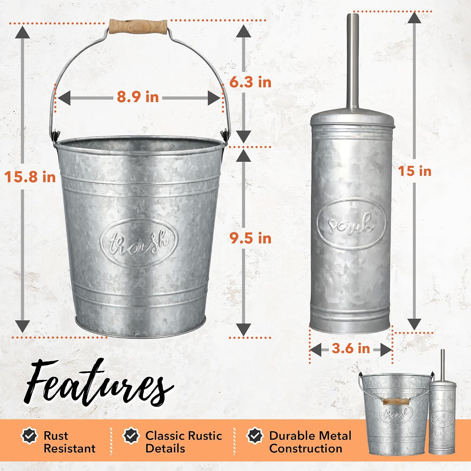 Farmhouse Bathroom Trash Can and Toilet Brush Set, 2 Gallon | Galvanized grey, 2 gallon waste basket, matching toilet bowl brush holder, wood handle, rustic farmhouse guest bath - view 5