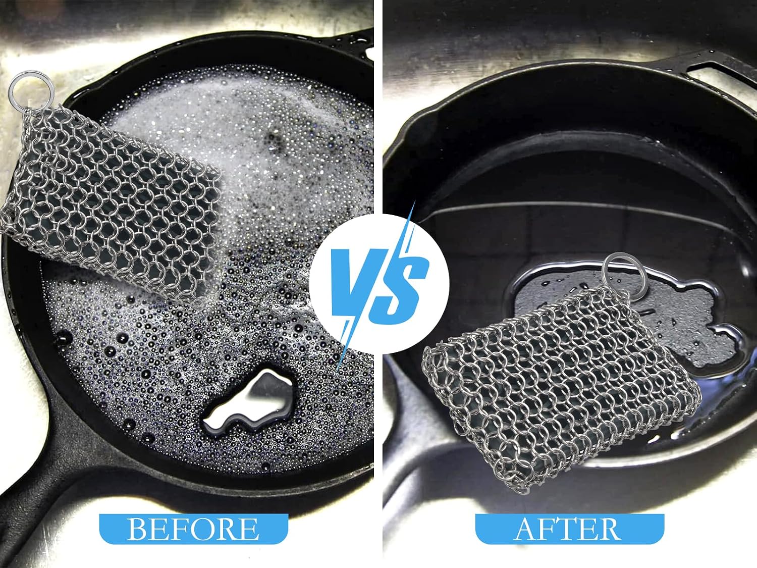 316L cast iron scrubber cleaner, large chainmail cast iron cleaner | honeycomb silicone insert, flexible, stainless steel chain mail metal sponge scrub skillets, oven, flat top, grill pan pot brush - view 4