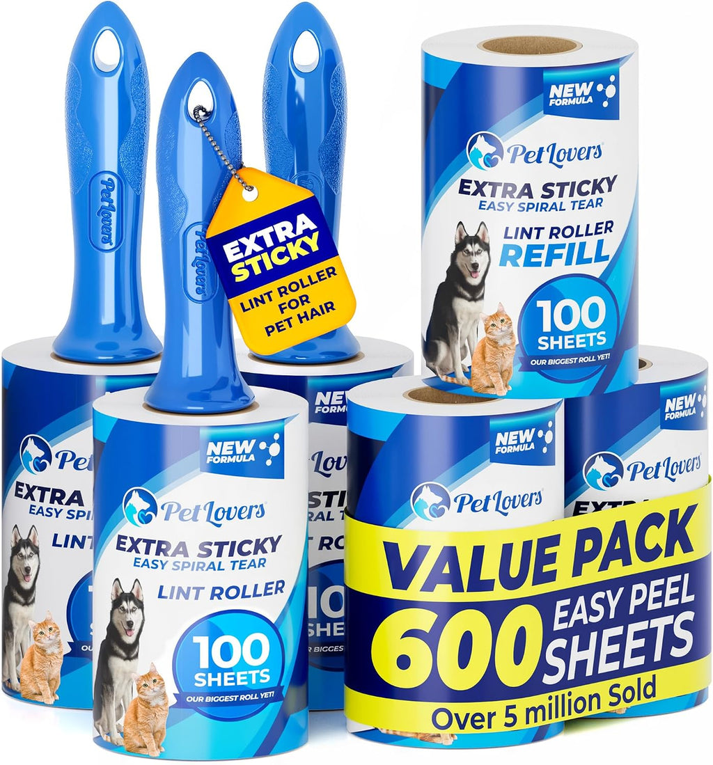 Extra Sticky Lint Roller Mega Value Set 600 Sheets for Pet Hair Removal, Dog and Cat Lint Remover 6 Pack