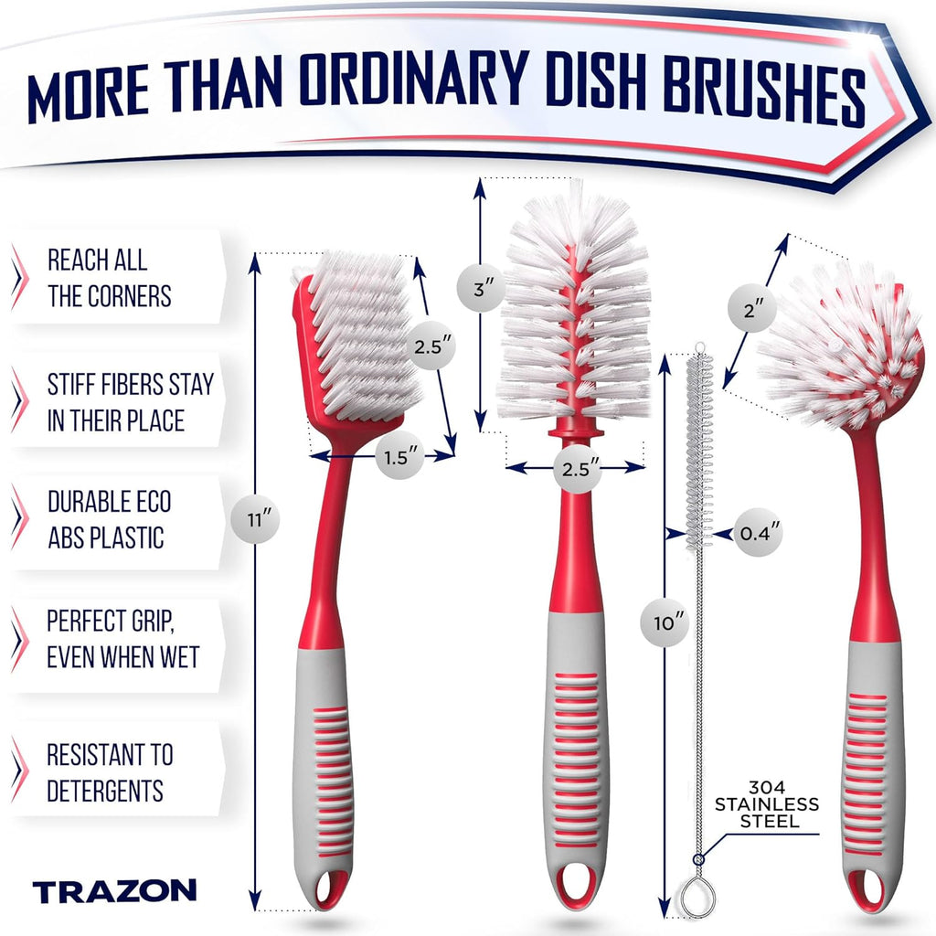 Dish brush set of 4 - kitchen scrub brushes with non-slip long handle for cleaning, scrubber, dishwashing, dishes, bottles, straws, cups, pots & sink, red - view 2