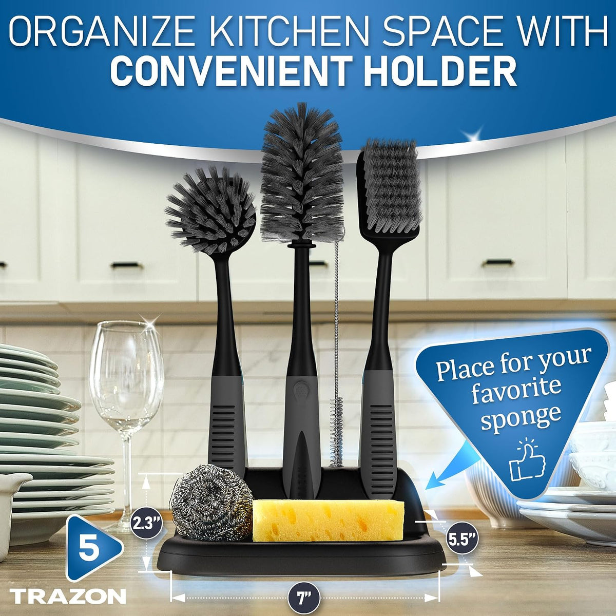 Dish brush set of 5 with holder - kitchen scrub brushes with non-slip long handle for cleaning, scrubber, dishwashing, dishes, bottles, straws, cups, pots & sink, black - view 5