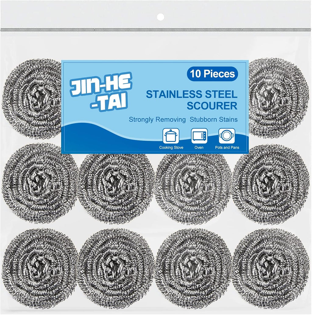 10 pack stainless steel scrubber, steel wool scrubber for scouring stubborn messes from pots and pans, stoves, broiler racks, grills and more
