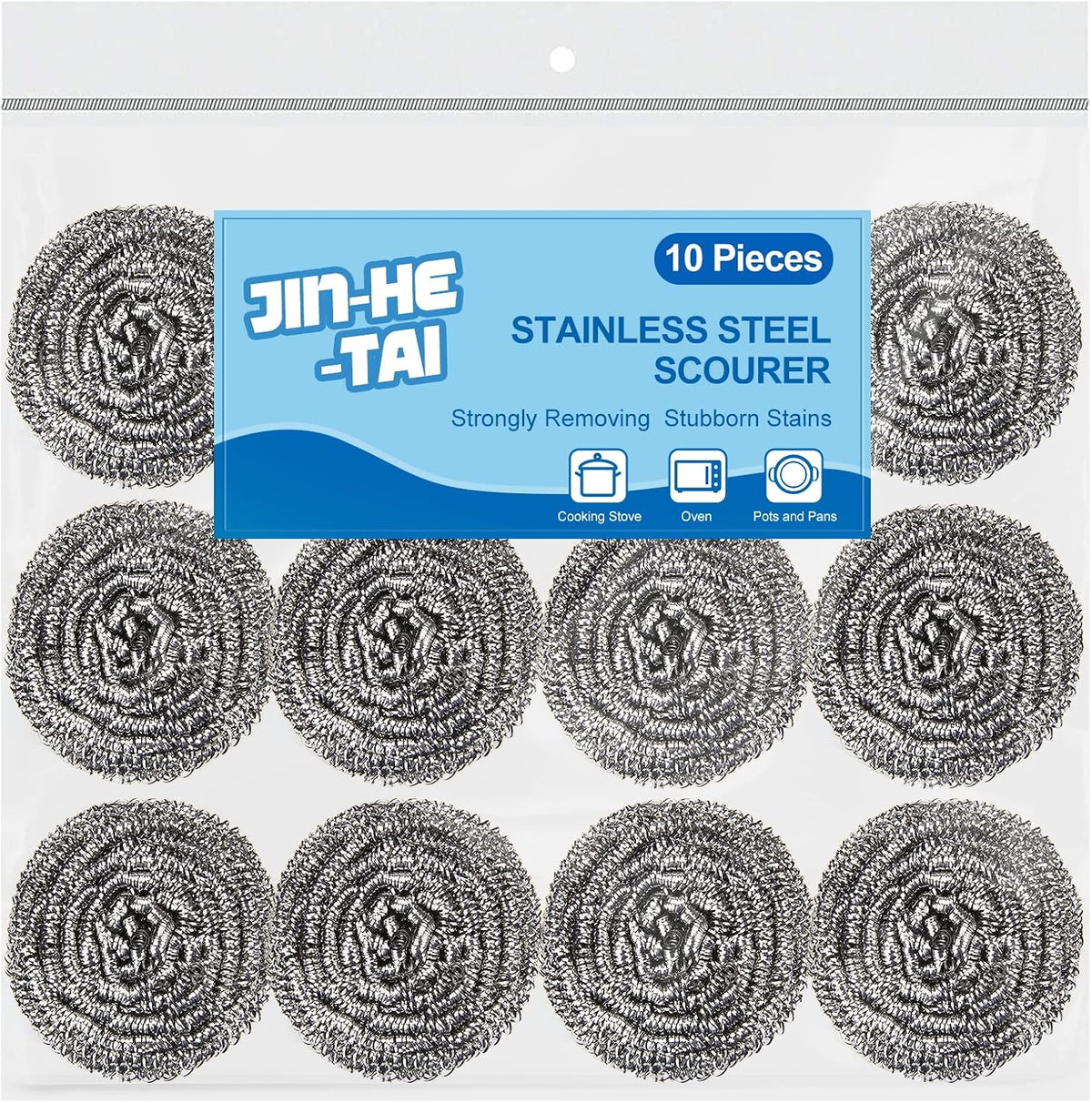 10 pack stainless steel scrubber, steel wool scrubber for scouring stubborn messes from pots and pans, stoves, broiler racks, grills and more
