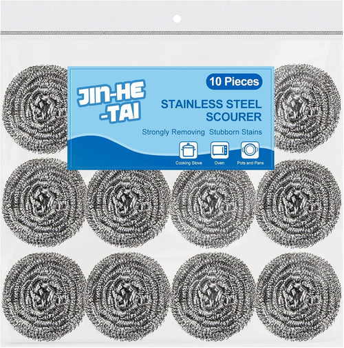 10 pack stainless steel scrubber, steel wool scrubber for scouring stubborn messes from pots and pans, stoves, broiler racks, grills and more