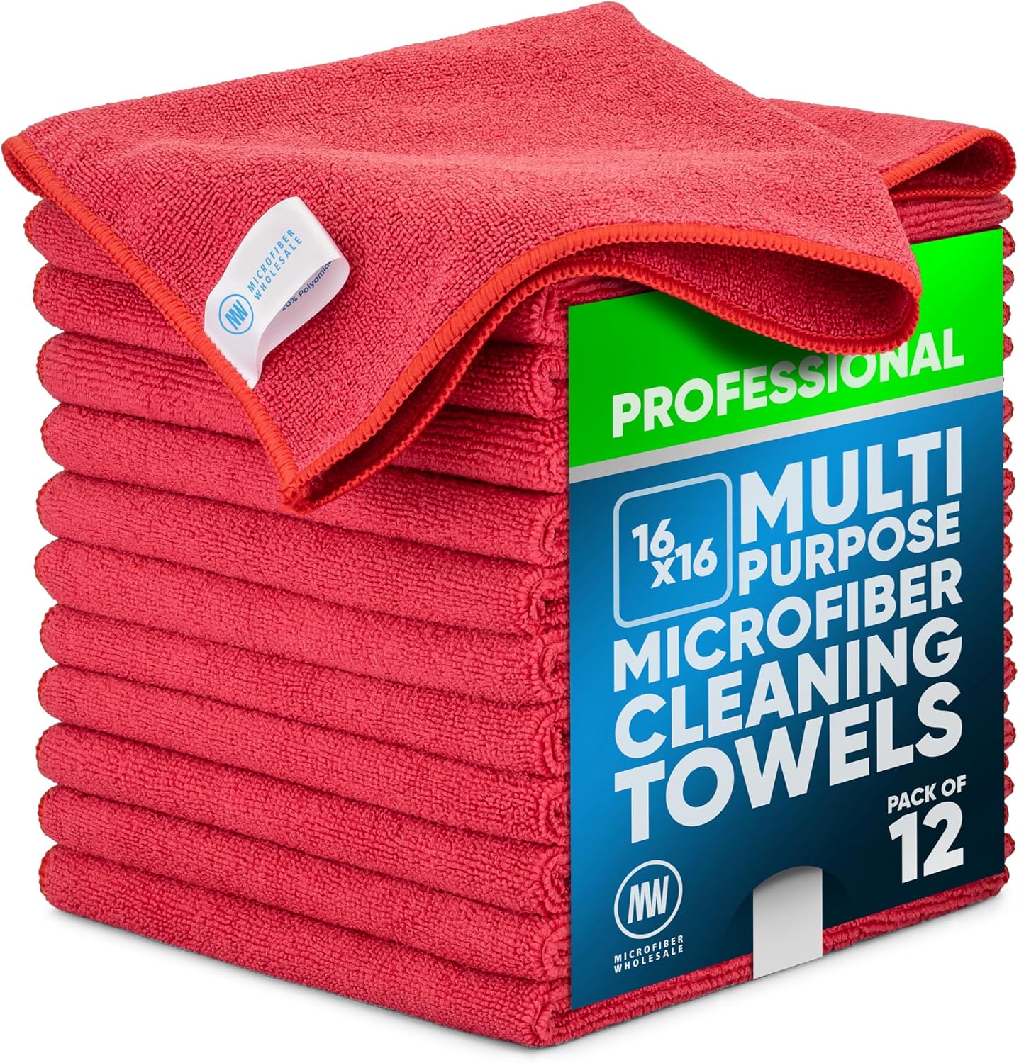 Microfiber cleaning cloth, red (12 pack), size 16" x 16", all purpose microfiber towels - clean, dust, polish, scrub, absorbent